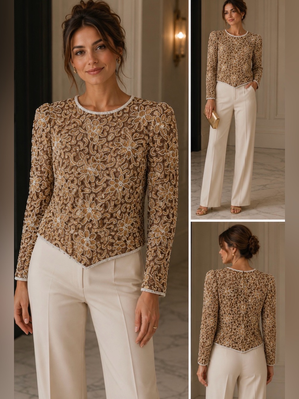Richilene Beaded Sequin Evening Blouse Gold Nude Vintage M/L